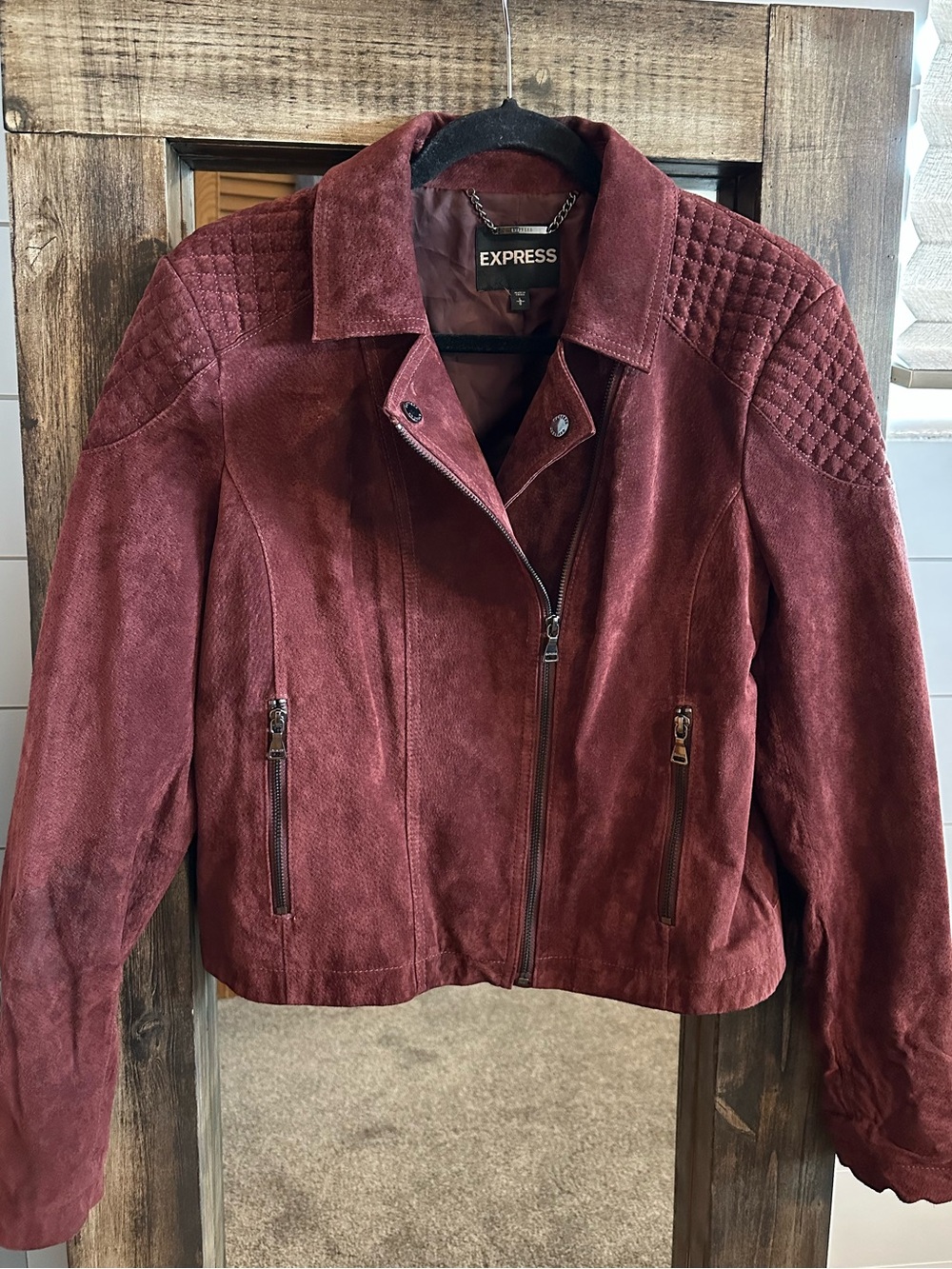 Express Genuine Suede Moto Jacket Burgundy Large  Western Chic Edgy Boho Biker